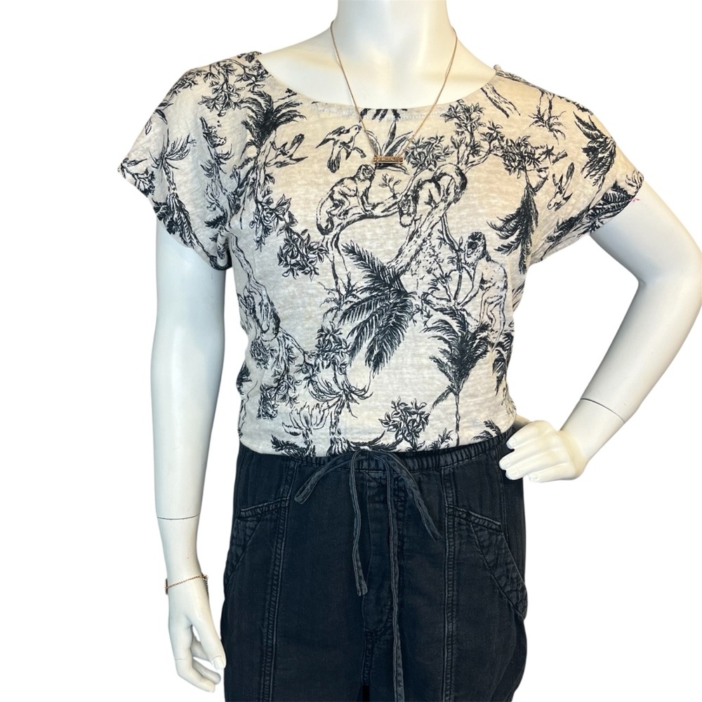 Joie Black and White Tropical Print Boxy Linen Relaxed Fit Cap Sleeve Tee Shirt - Picture 5 of 11